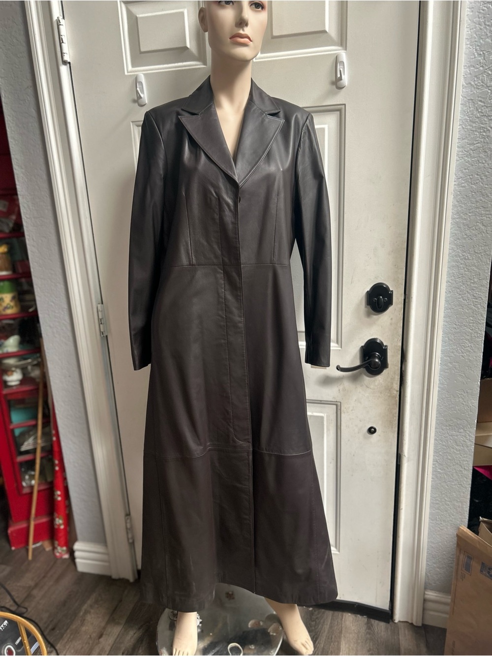 Vericci Classic Long Black Leather Trench Coat Sz